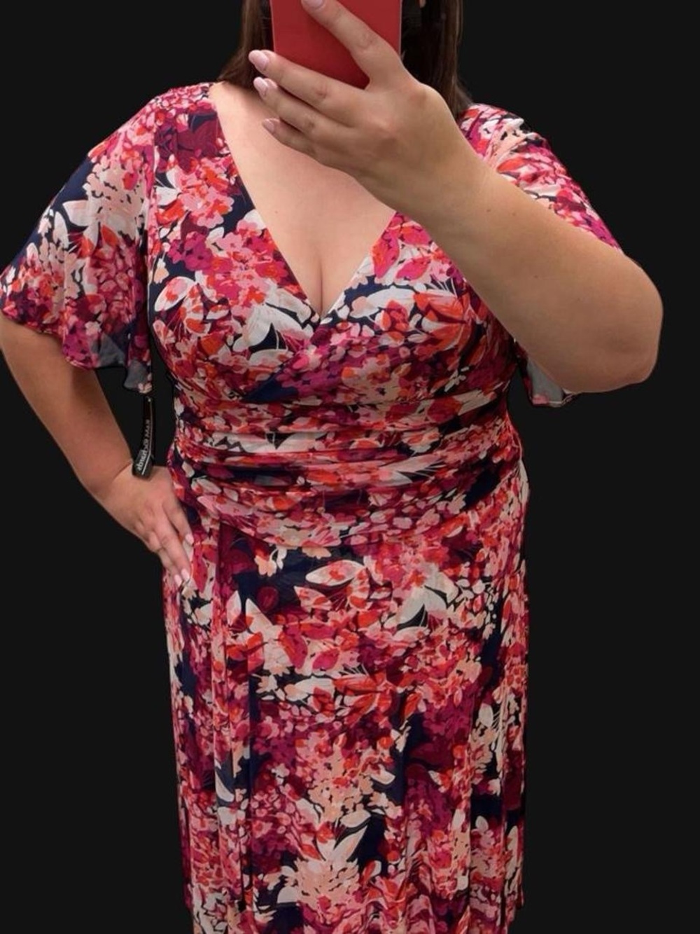 R&M Richards Pink Floral Midi Dress with Navy Accents